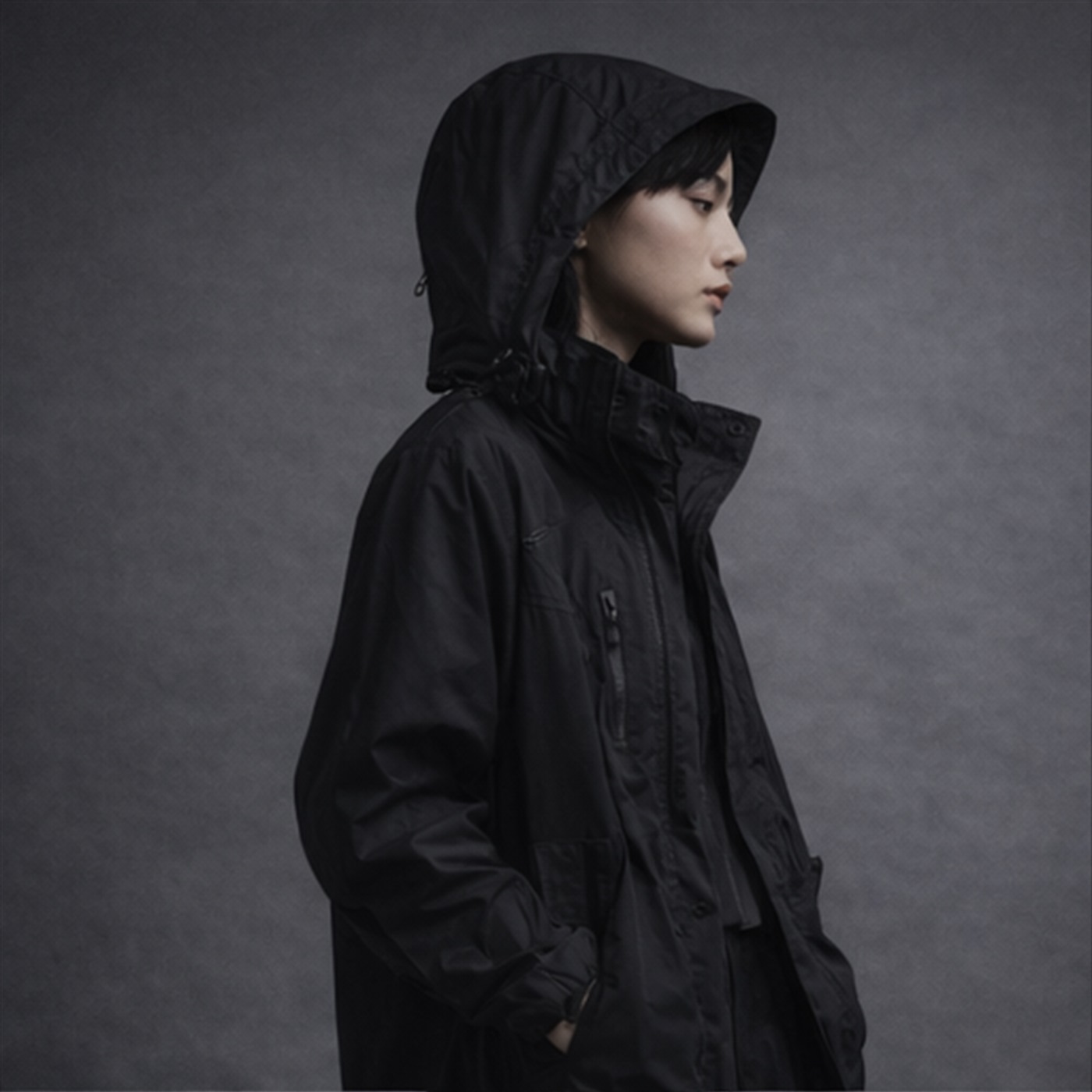 Model in technical wind breaker, side profile