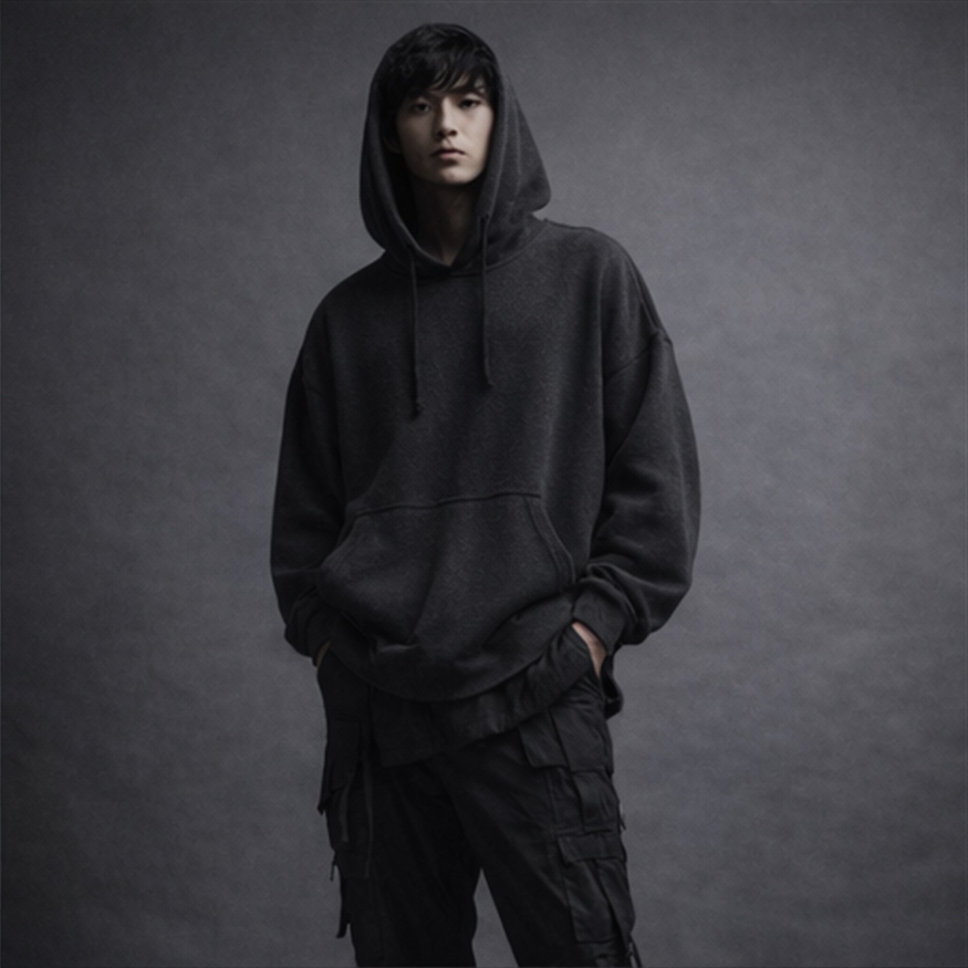 Model in heavyweight hoodie and cargo trousers