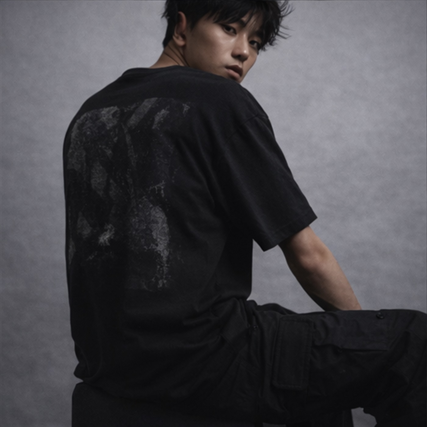 Model in oversized graphic t-shirt, seated pose