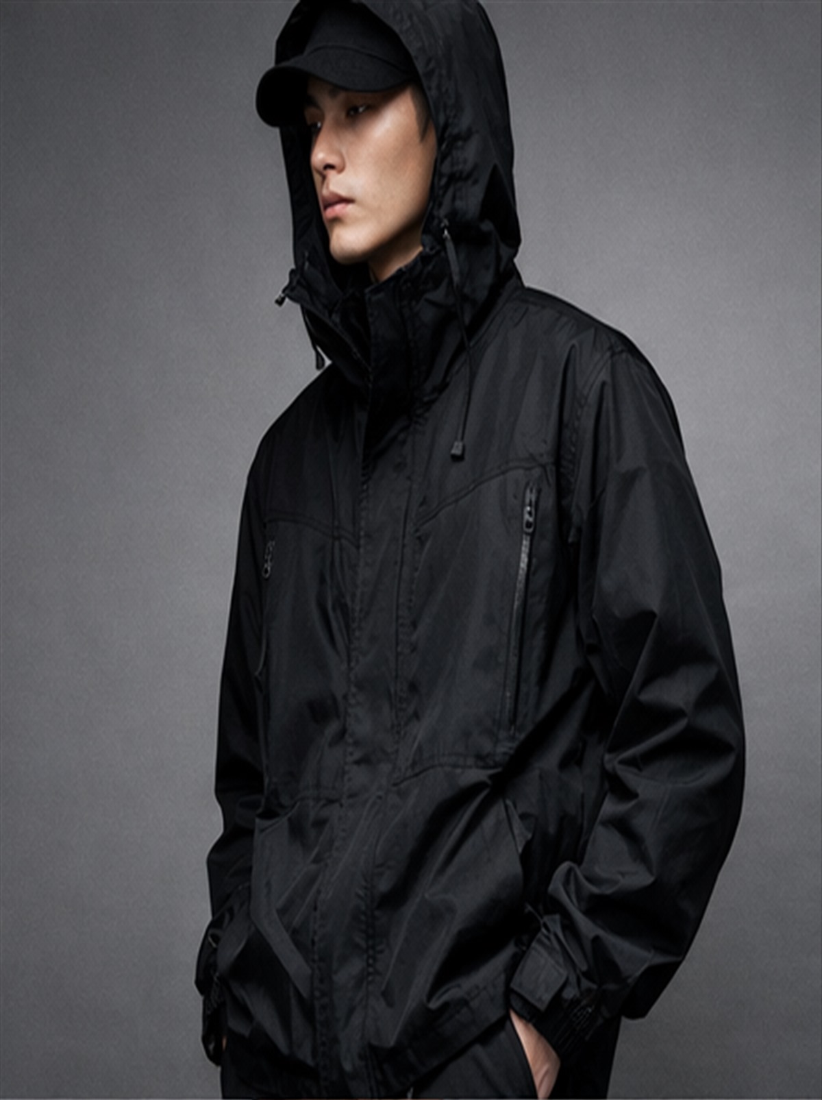 Model wearing tech wind breaker jacket